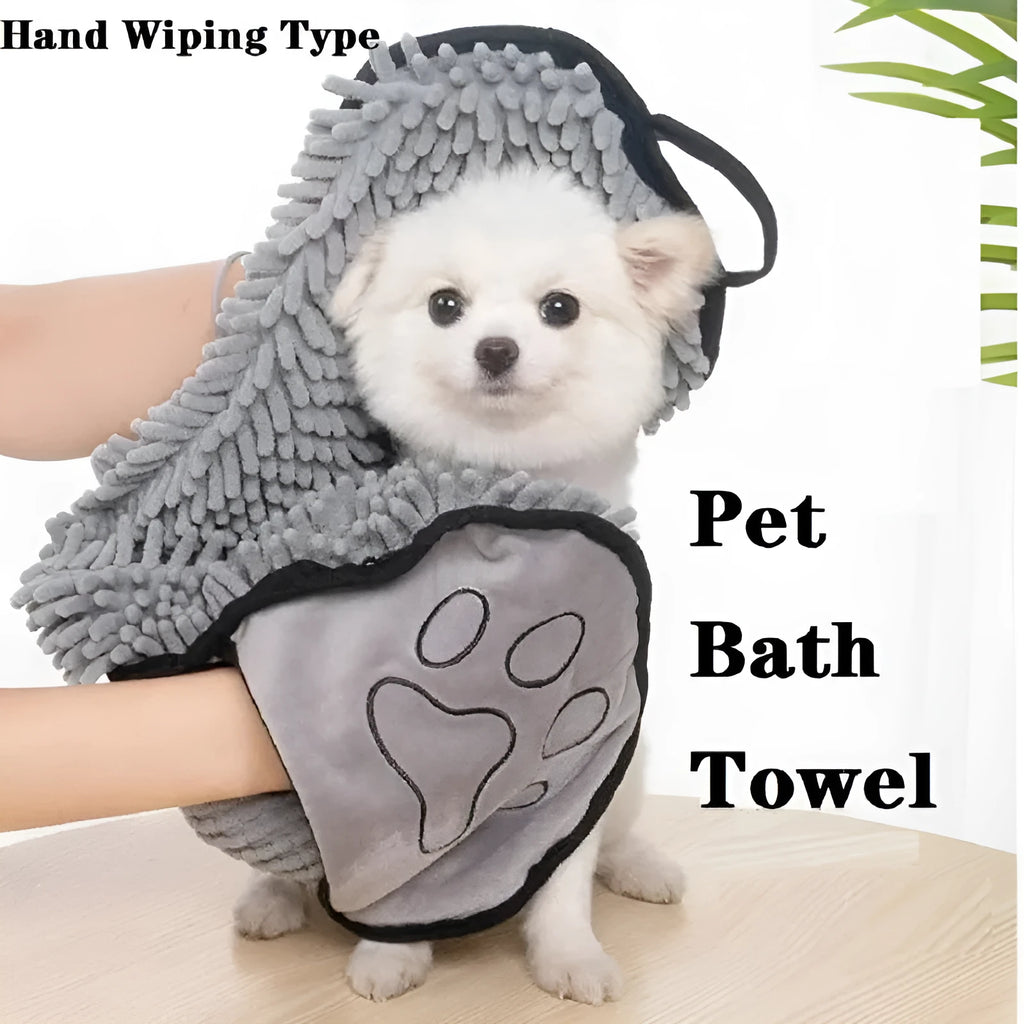 Blue pet bath robe towel for drying a dog after a wash, showing its size and soft texture.