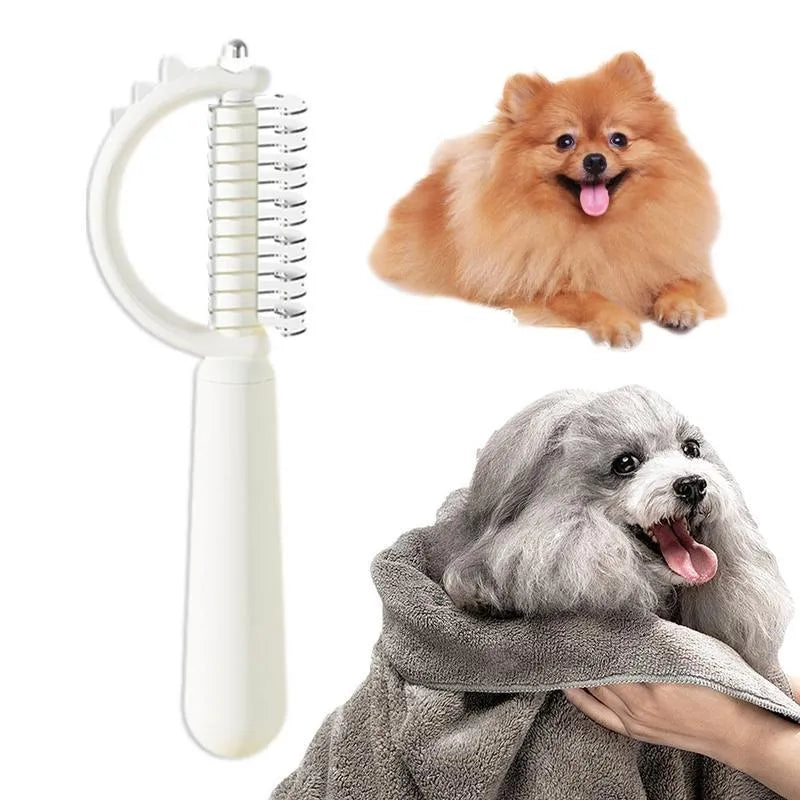 Blue dinosaur-shaped self-cleaning cat brush with double-sided stainless steel slicker pins.