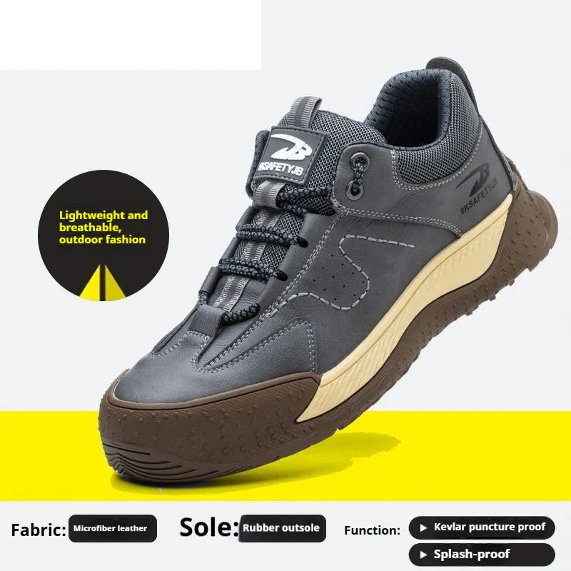 Leather safety work shoes with rubber soles in black, brown, grey, and khaki colours available in sizes 36-46
