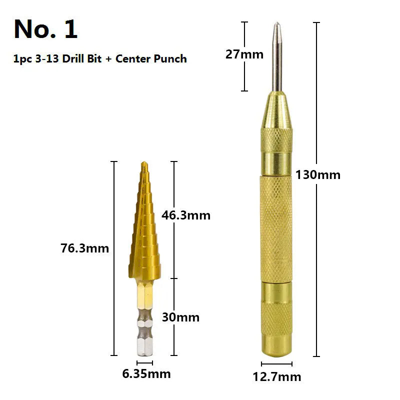 High speed steel cone drill bit punch set with centre punches including multiple step drill sizes
