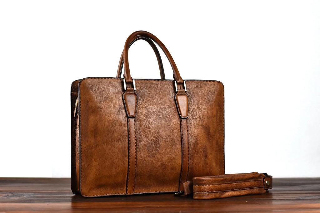 Men's 14-inch horizontal leather business handbag in khaki or black with zipper opening