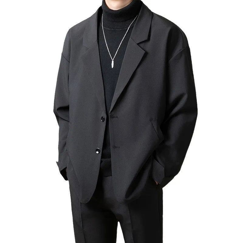 Men's loose fit casual suit jacket in chemical fibre blend fabric showing colour options