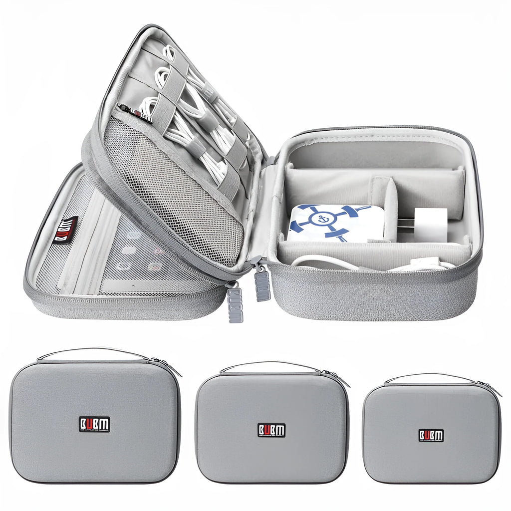 Black and grey EVA digital storage bag for headphones, shown in single and double-layer styles.