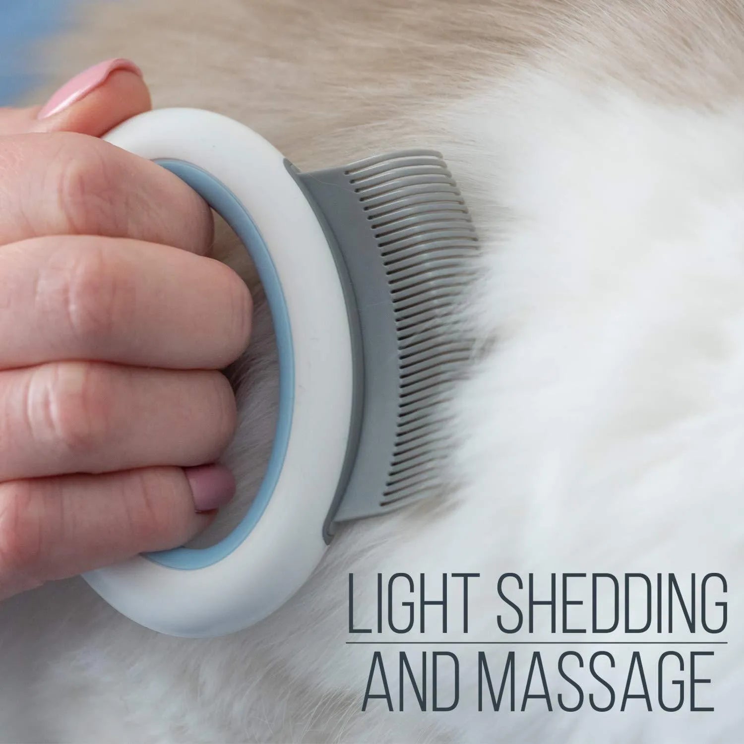 Blue pet deshedding comb with soft teeth and ergonomic plastic handle on a white background.