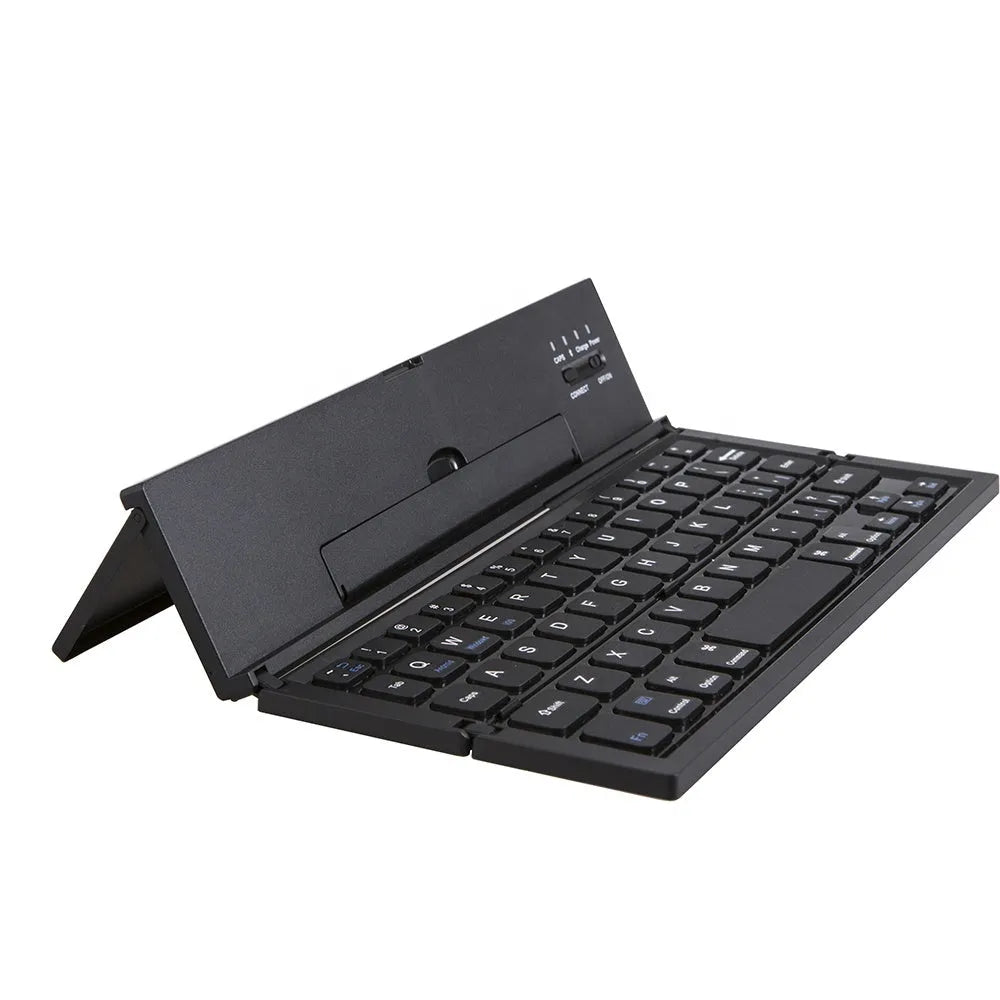 Black foldable Bluetooth keyboard shown alongside tablet demonstrating portable design