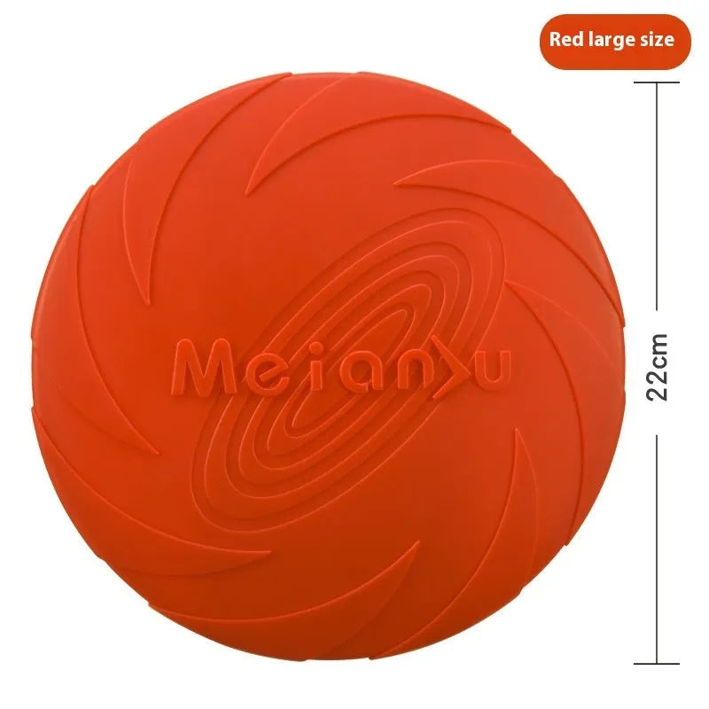 Soft rubber dog frisbee in red, blue and green colour options showing small, medium and large size variations
