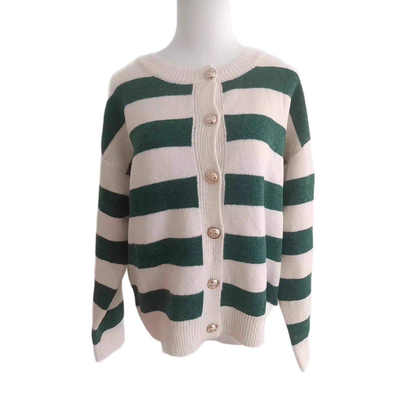 Green and white striped loose fit acrylic fibre knitted cardigan for women