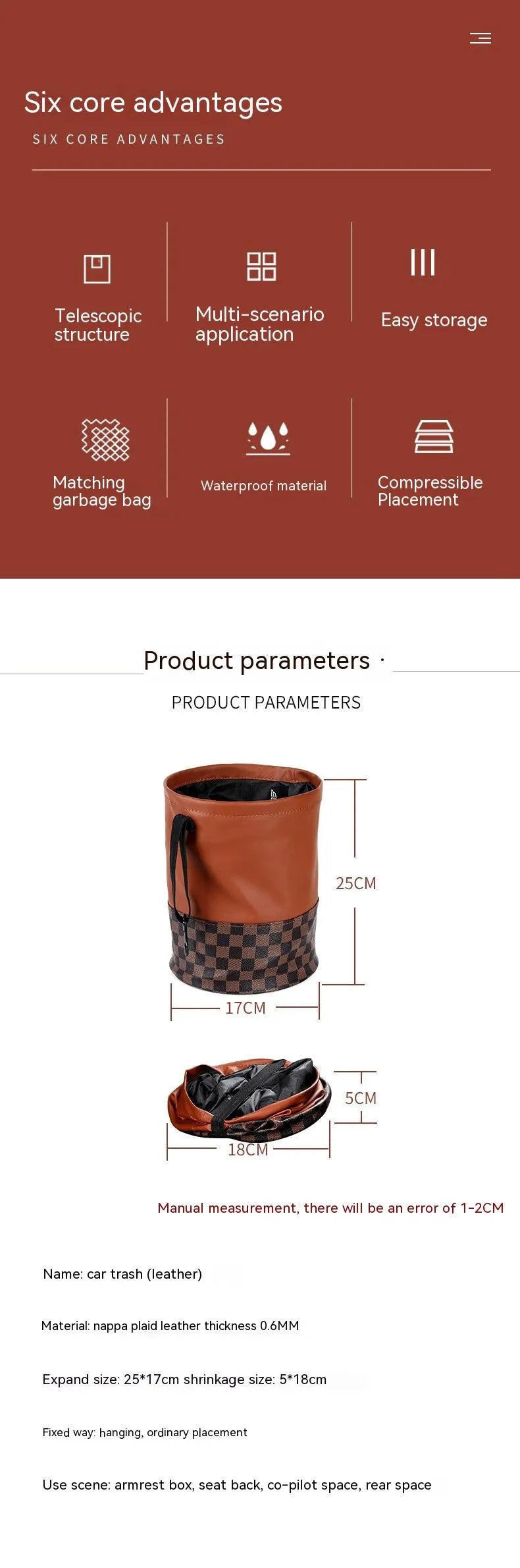 Retractable leather car interior trash can shown in available colour with folding handle design