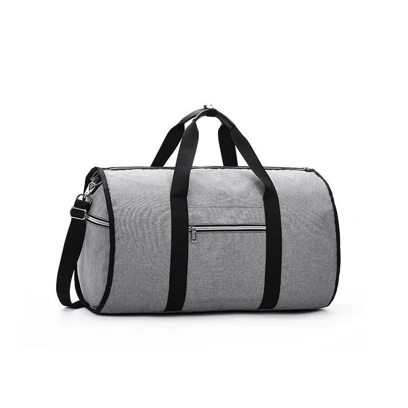 Medium sized cylindrical duffle travel bag in black, shown with zipper open, made from Oxford cloth.