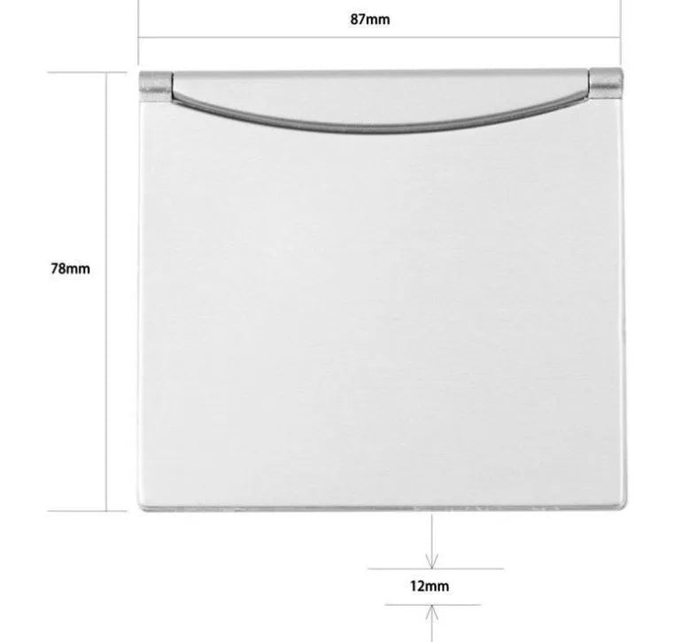 Square folding travel alarm clock with perpetual calendar and mirror front in closed and open positions showing plastic case