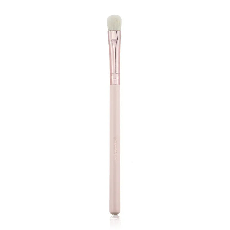 26 pink makeup brushes with wood handles arranged in a PU travel pouch.