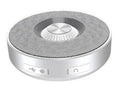 Compact Bluetooth mini speaker in black, orange, or silvery white with wireless stereo pairing and aux input