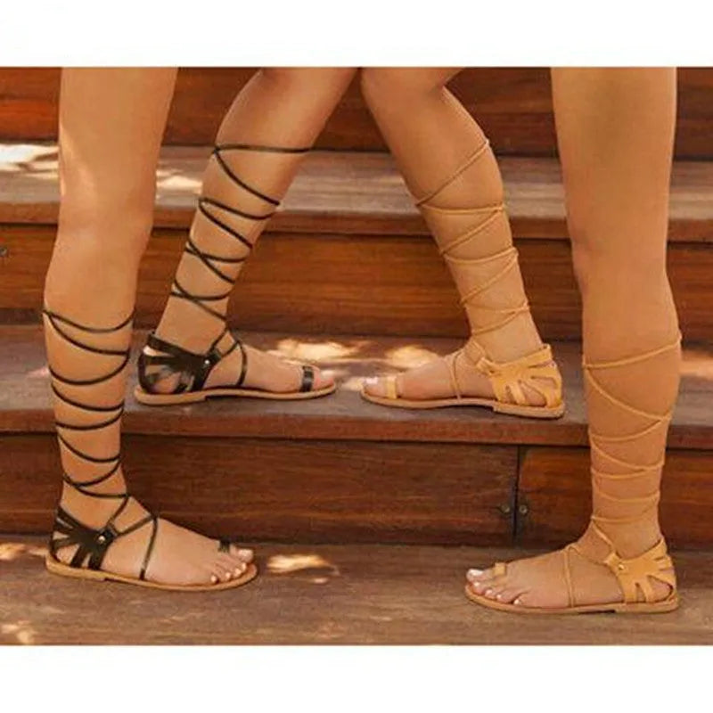 Women's lace-up flat sandals with wedge heel, fish mouth toe, buckle, black