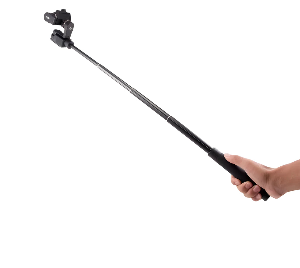 Black retractable aluminium selfie stick extended to 100cm with smartphone attached and Bluetooth remote.