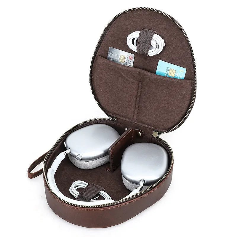 Brown genuine leather storage bag for Apple AirPods Max with lanyard on white background