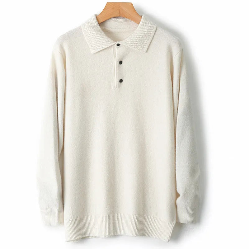 Men's woolen polo collar pullover sweater in noble blue colour on a hanger.