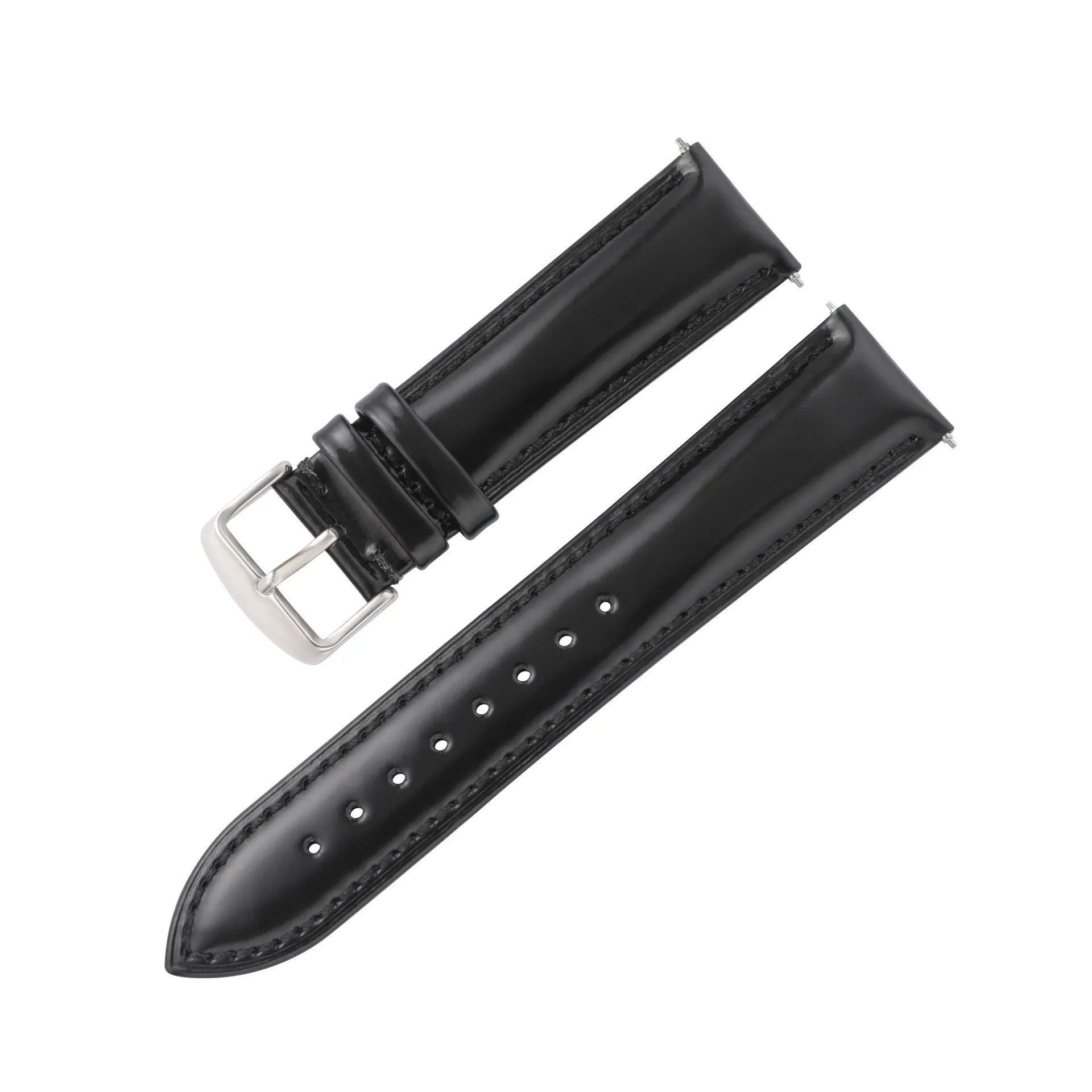 Quick-release cowhide leather watch strap in black with white accent line, showing the spring bar mechanism.