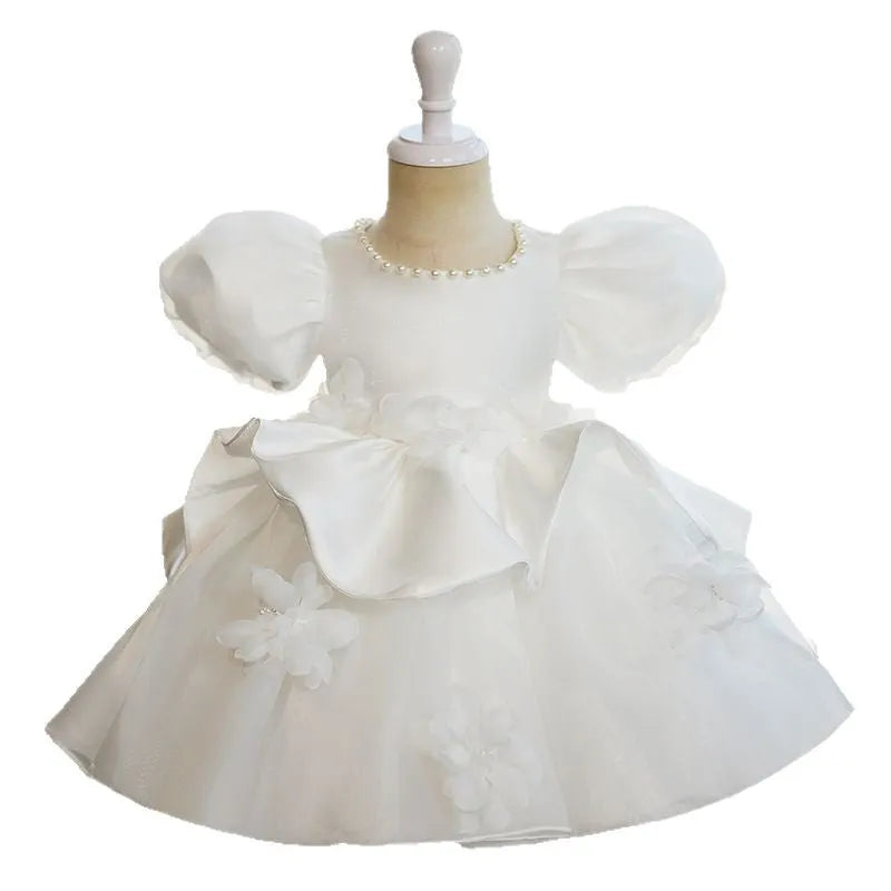 White polyester princess style girls piano performance dress suitable for height 80cm to 130cm