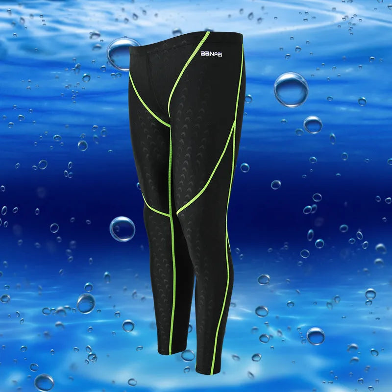 Men's nylon cropped swimming trunks in black with green line pattern