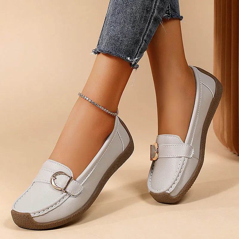 Women's casual loafers in artificial PU with beef tendon sole, round toe, and flat heel in five colour options