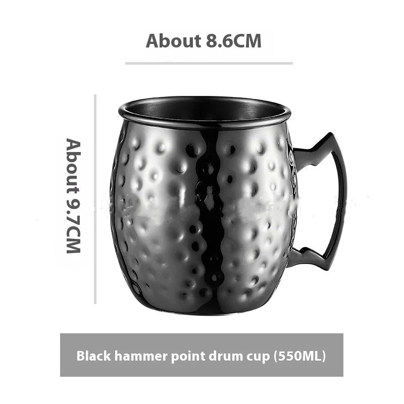 Copper plated stainless steel Moscow Mule mug in hammered and smooth styles, shown in silver, gold, rose gold, and black.