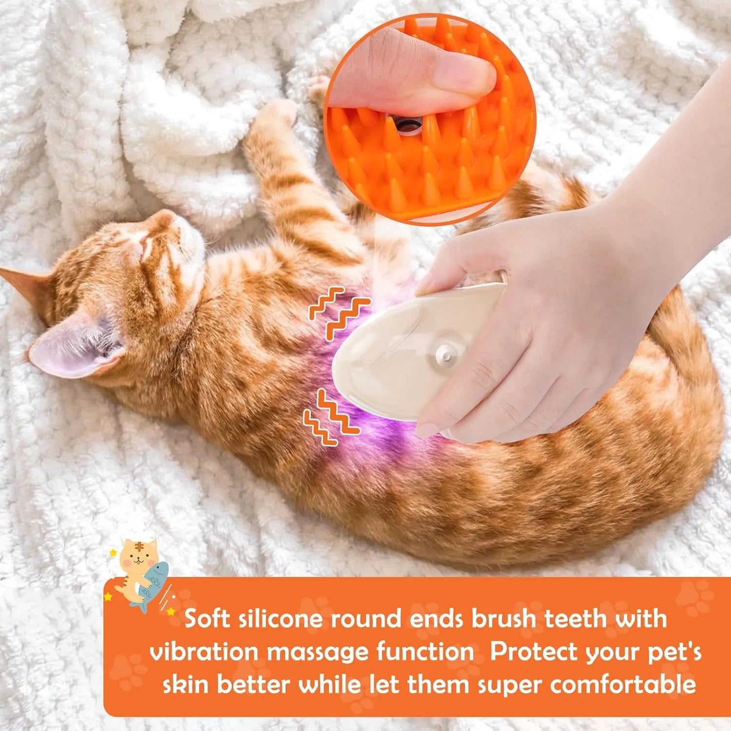 Yellow 4-in-1 cat steam brush with vibration massage, water spray, and ringworm detector measuring 110x65x50mm