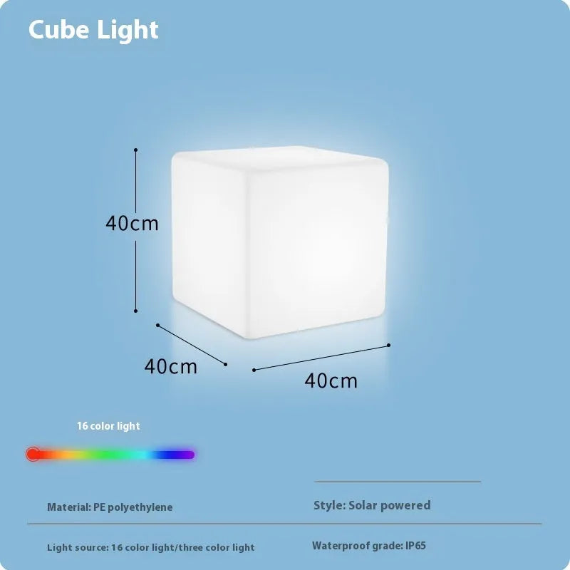 Modern white LED square cube light for outdoor garden and pathway illumination.
