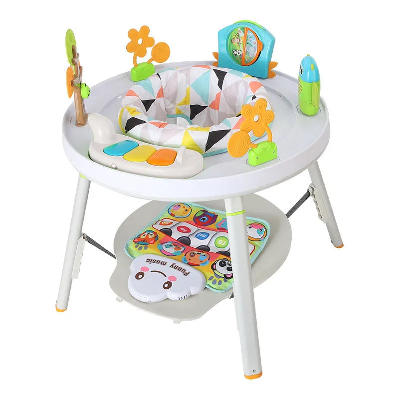 Baby bouncing in three-in-one jumping chair with gymnastic rack and interactive toys