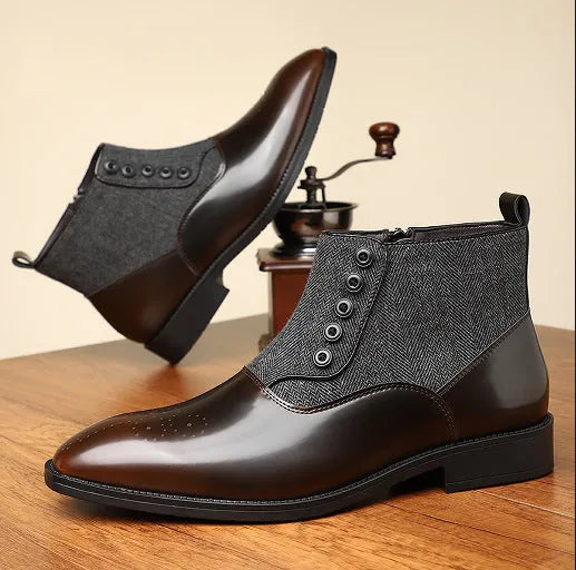 Men's brown and green retro business formal shoes with side zipper and square toe