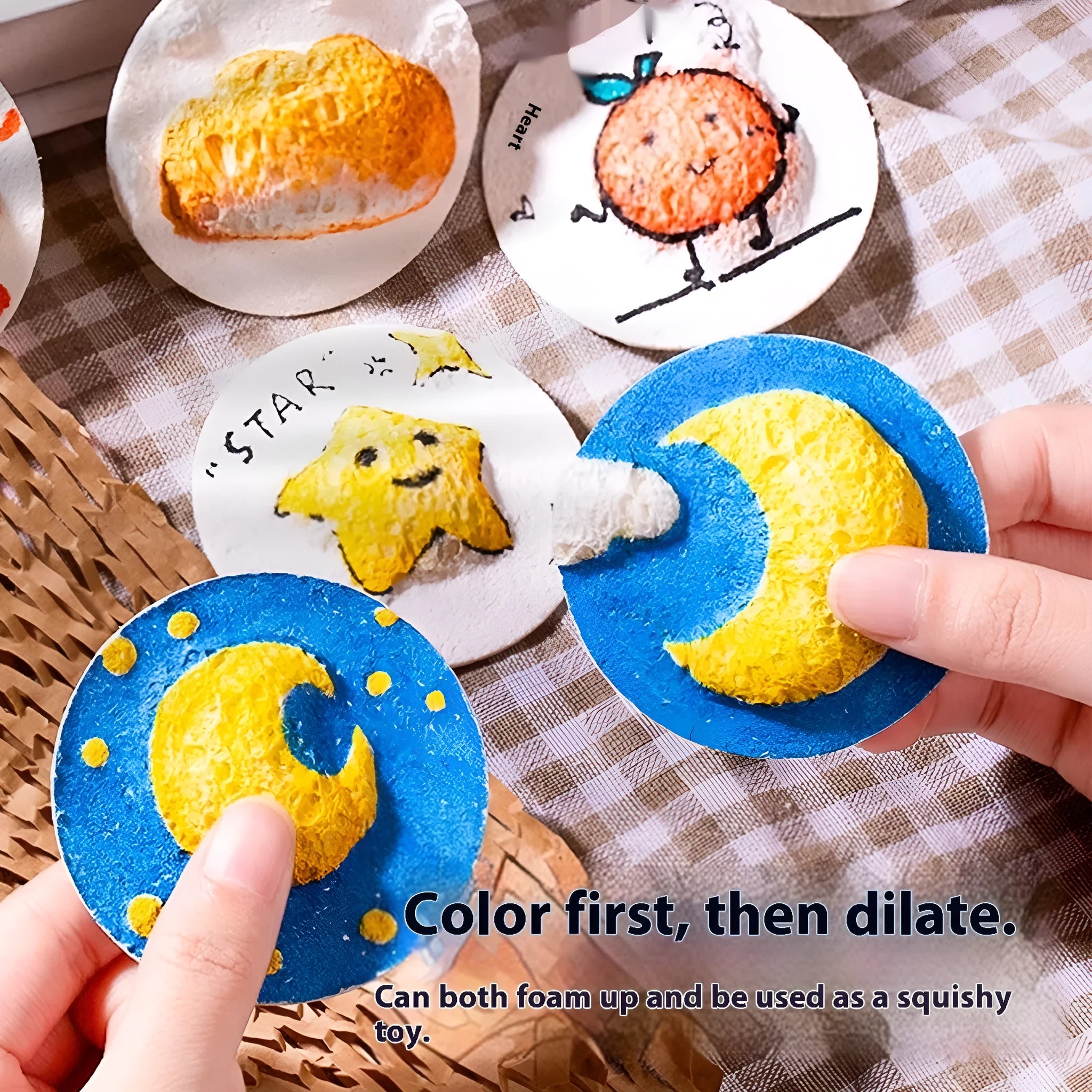 Wood pulp paper sponge painting set showing heart, round, and square sponge blanks with fountain pens