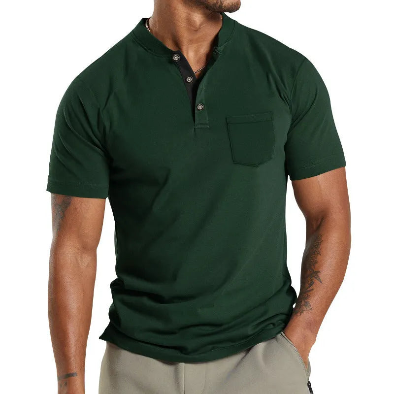 Men's plus size short sleeve button pocket shirt in solid colour polyester fabric.