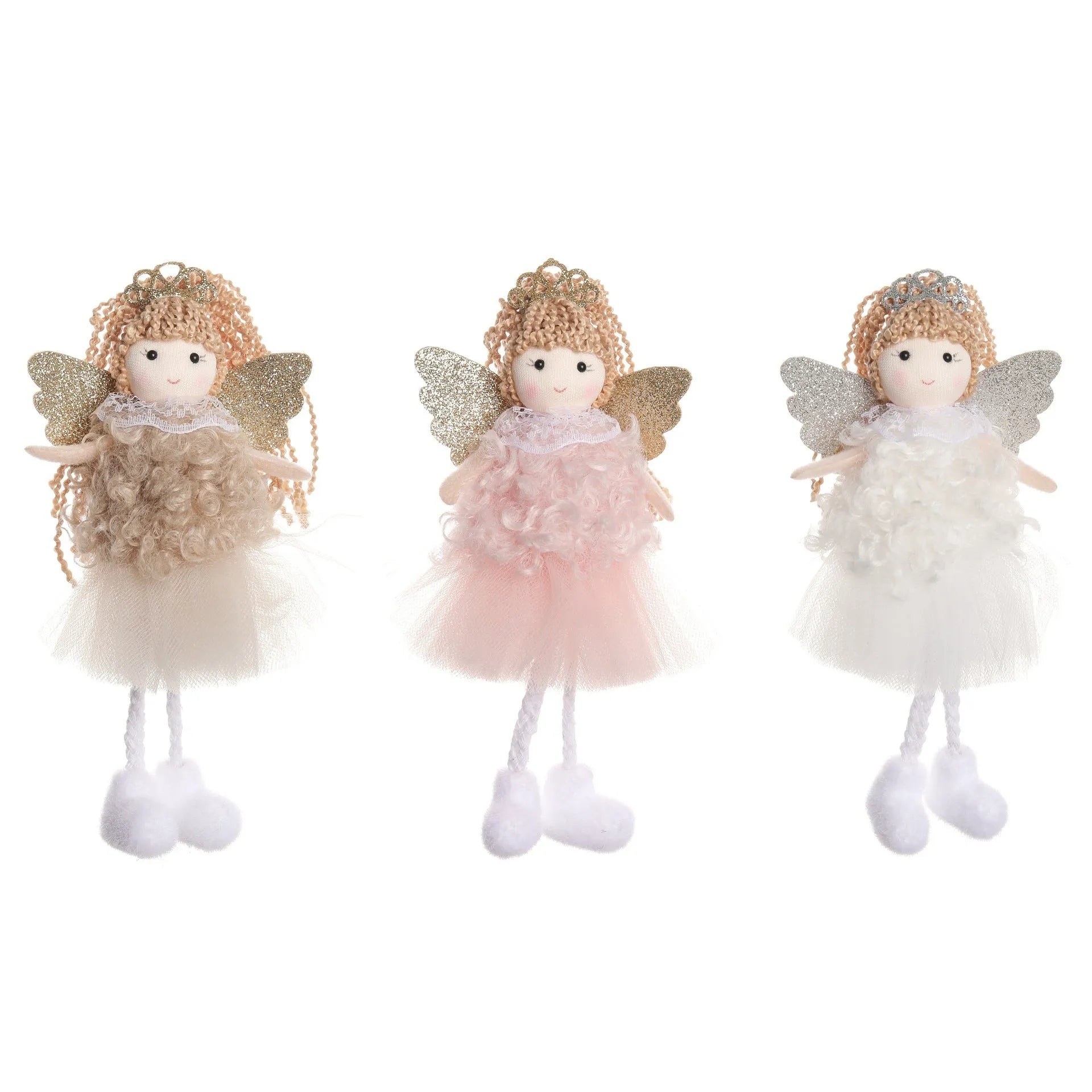 Cloth Christmas angel pendant with high ponytail in white, pink, and khaki colour options.