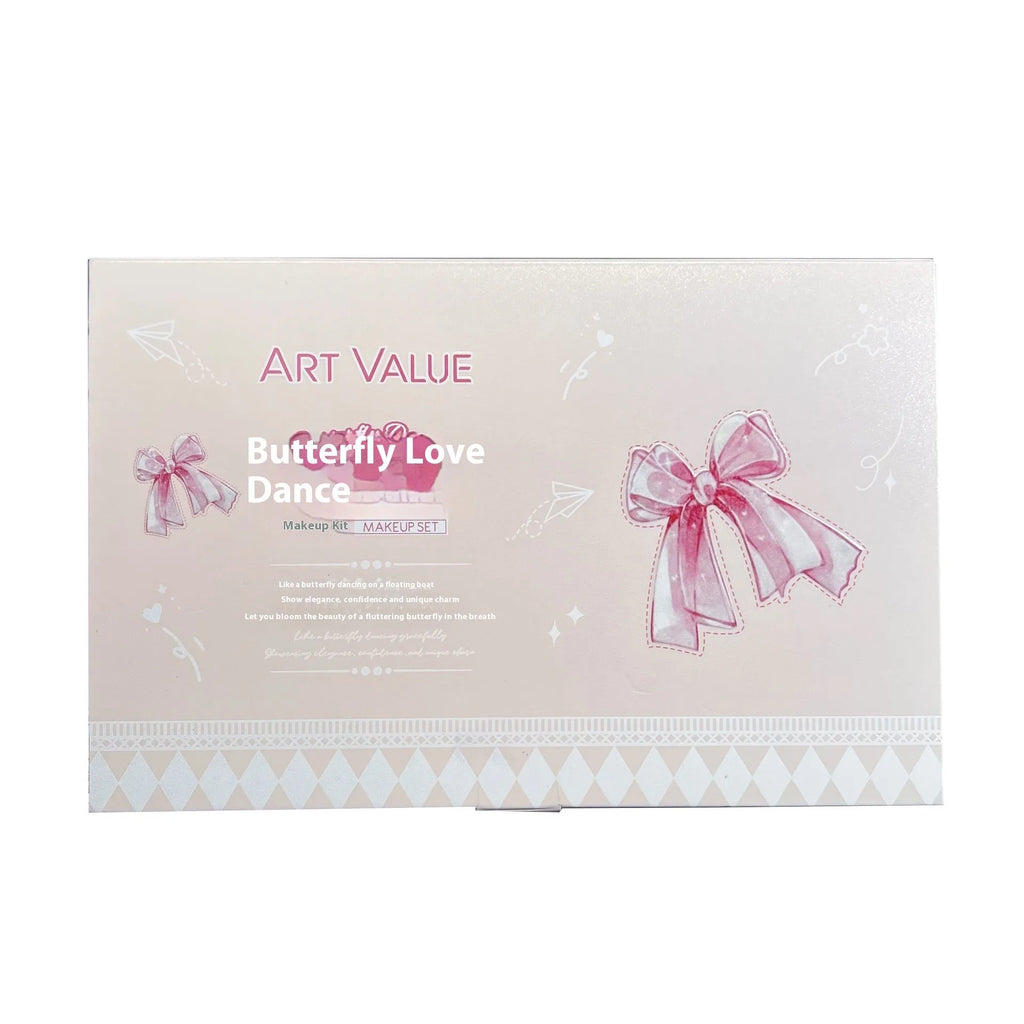 Butterfly Box cosmetics set showing four matte lip muds, pink powder blusher and necklace