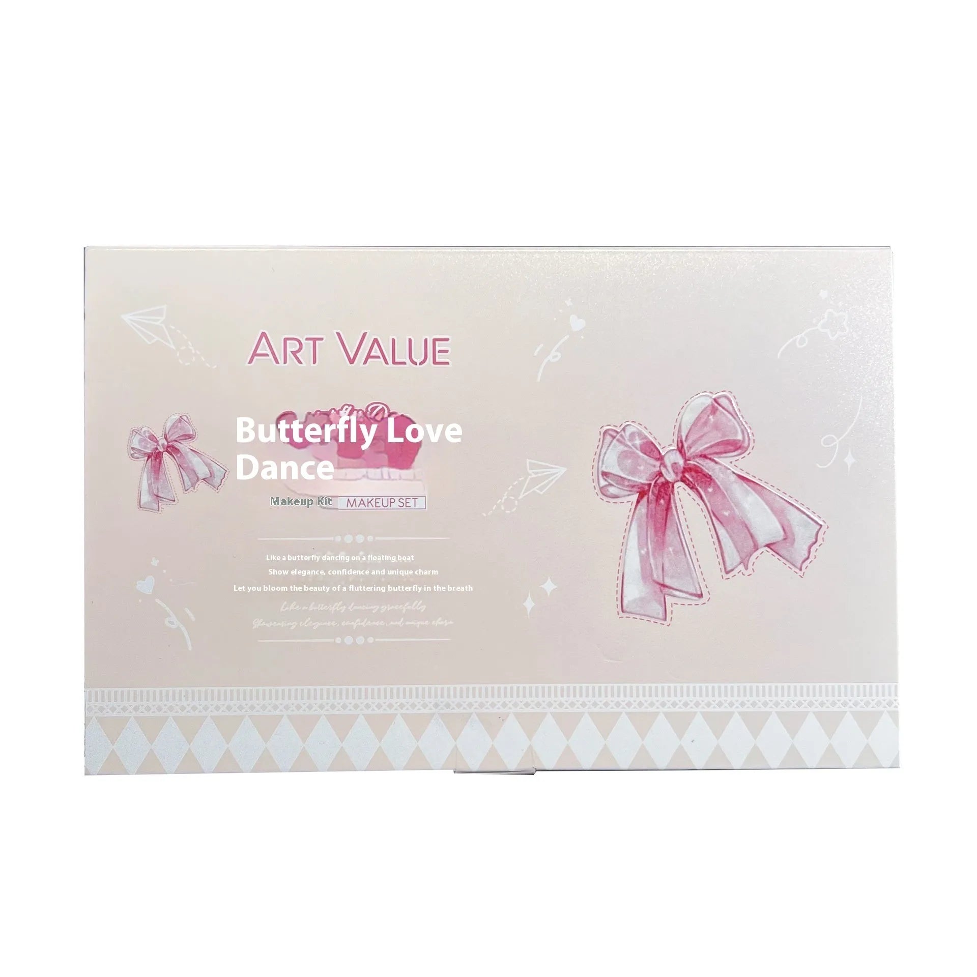 Butterfly Box cosmetics set showing four matte lip muds, pink powder blusher and necklace