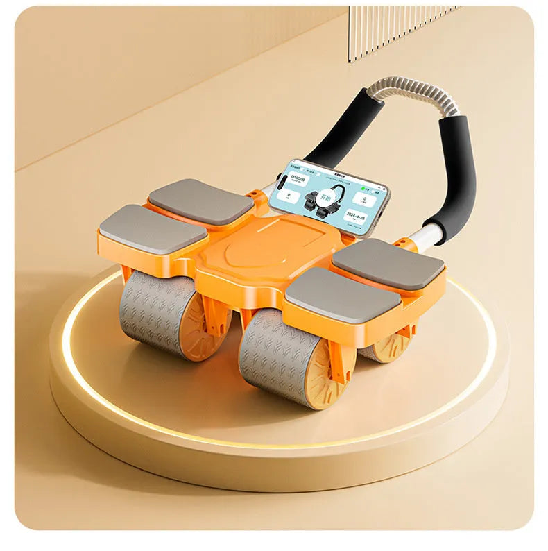 Four-wheel abdominal roller with automatic rebound mechanism in black, blue, or orange.
