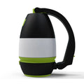 Black/green foldable LED camping lamp showing adjustable head and USB charging port