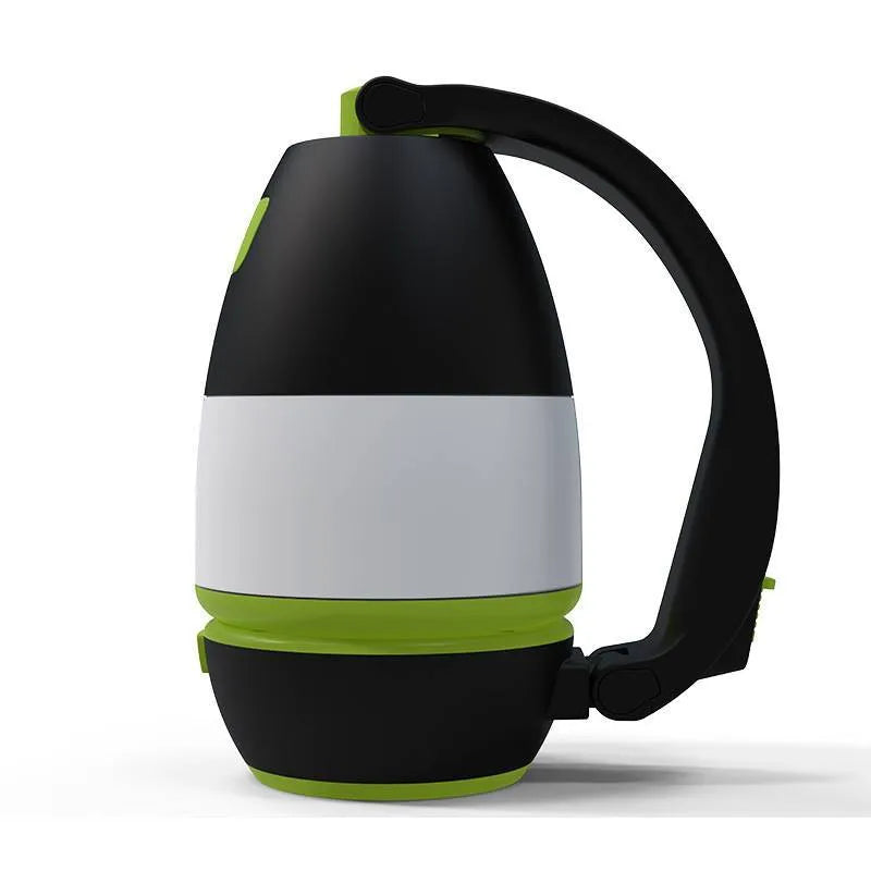 Black/green foldable LED camping lamp showing adjustable head and USB charging port
