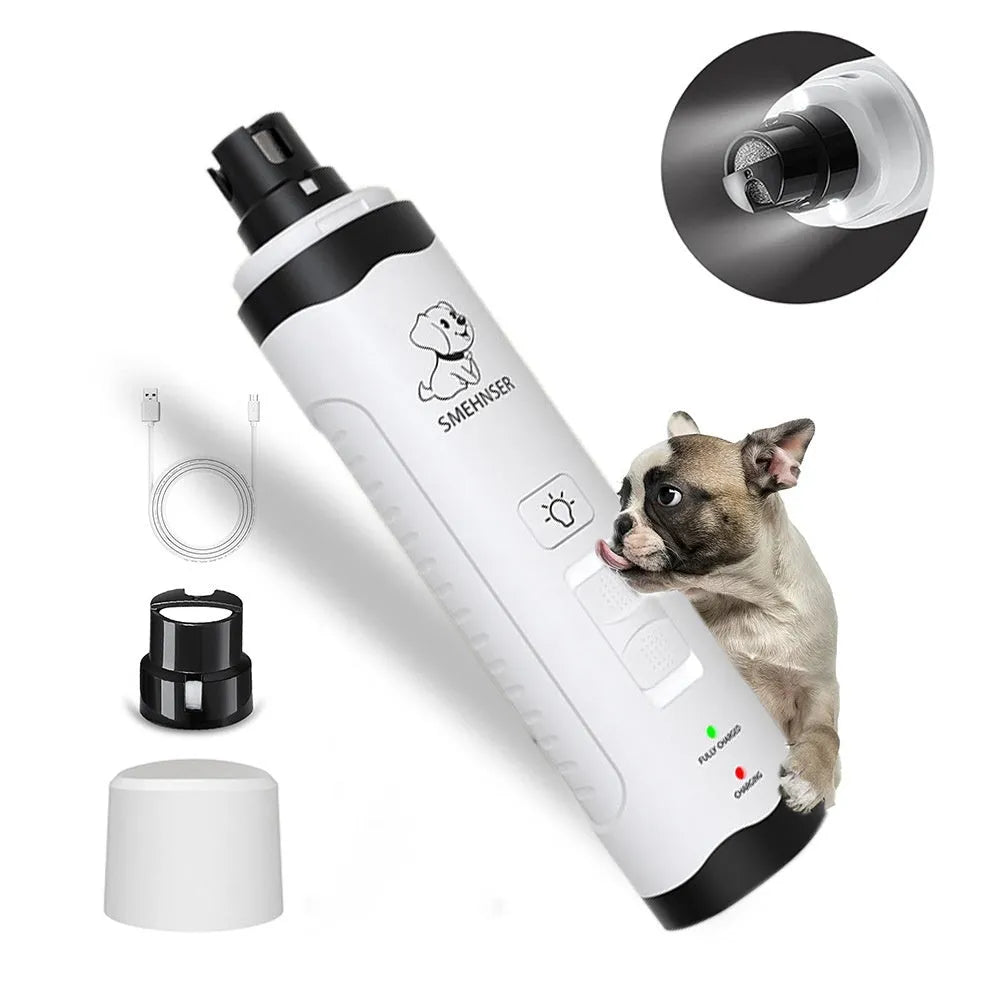 Automatic electric dog nail trimmer with LCD screen, LED lights, and dust collection chamber.