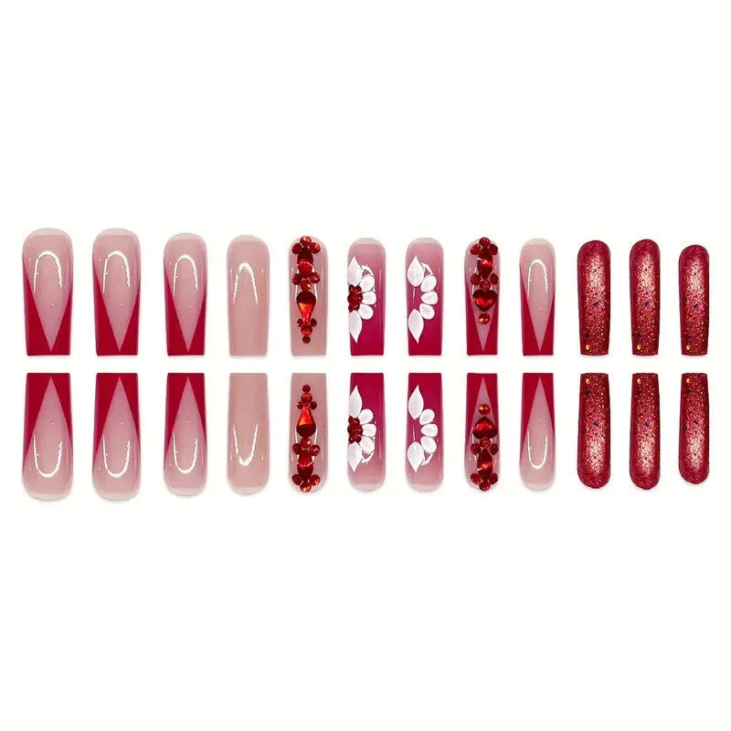 Sweet flower pattern fake nails with prismatic red diamond accents, jelly glue and nail file