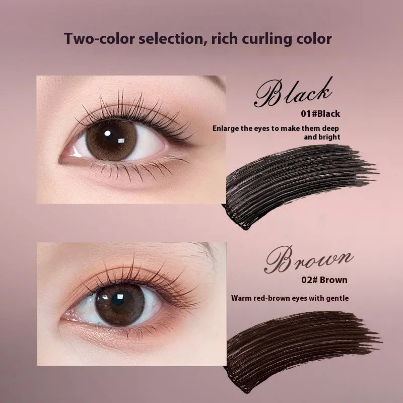 Long curling waterproof mascara in black and brown colours with volumising wand