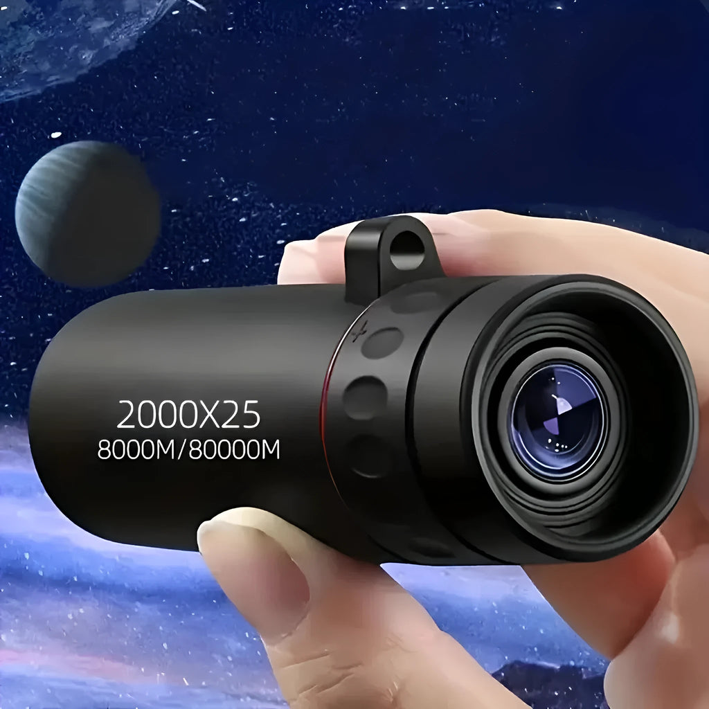 2000x25 HD monocular telescope with rubber exterior and holder on black background