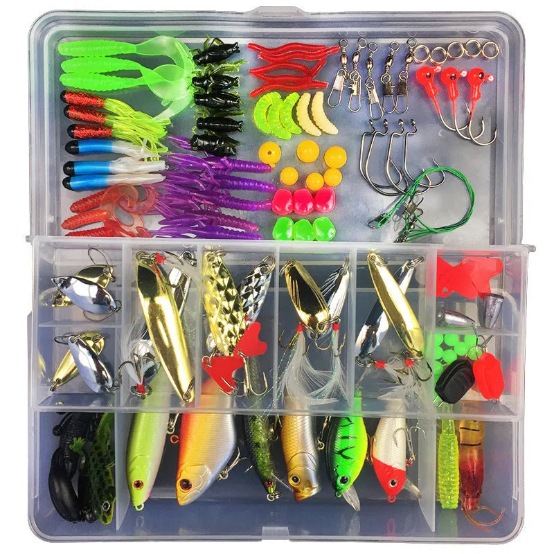 Junior entry-level fishing lure suit set in a hard black PP plastic storage box with multiple lures visible.