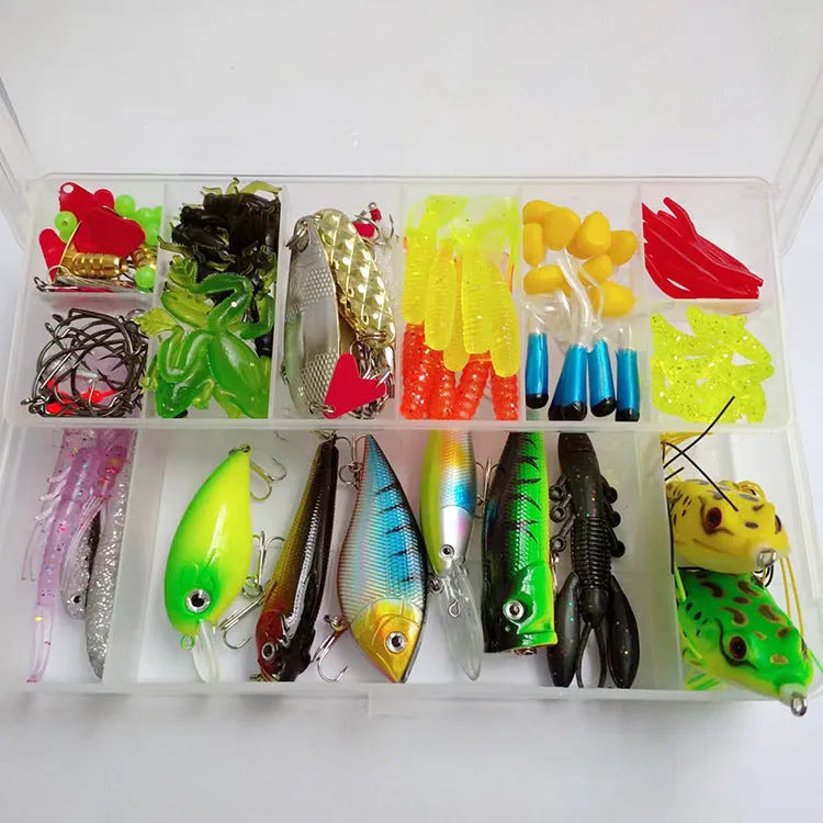 142-piece fishing lure kit with hard minnow lures, sequins, fishhooks, and metal fishing pliers laid out.