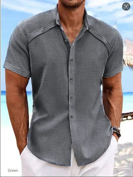Hawaiian casual short sleeve solid colour cotton blend shirt in matcha green on a hanger