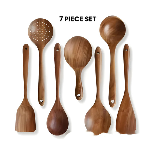 7-piece wooden kitchen utensil set with spoons and spatulas in box packaging