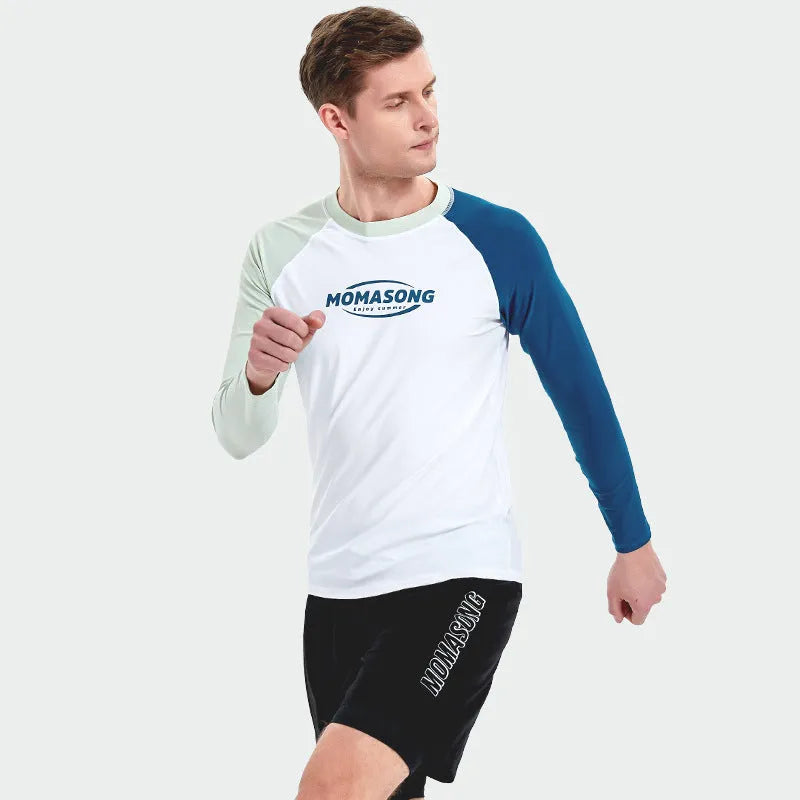 Men's white long-sleeved swim top with matching blue swimming trunks for beach sports.