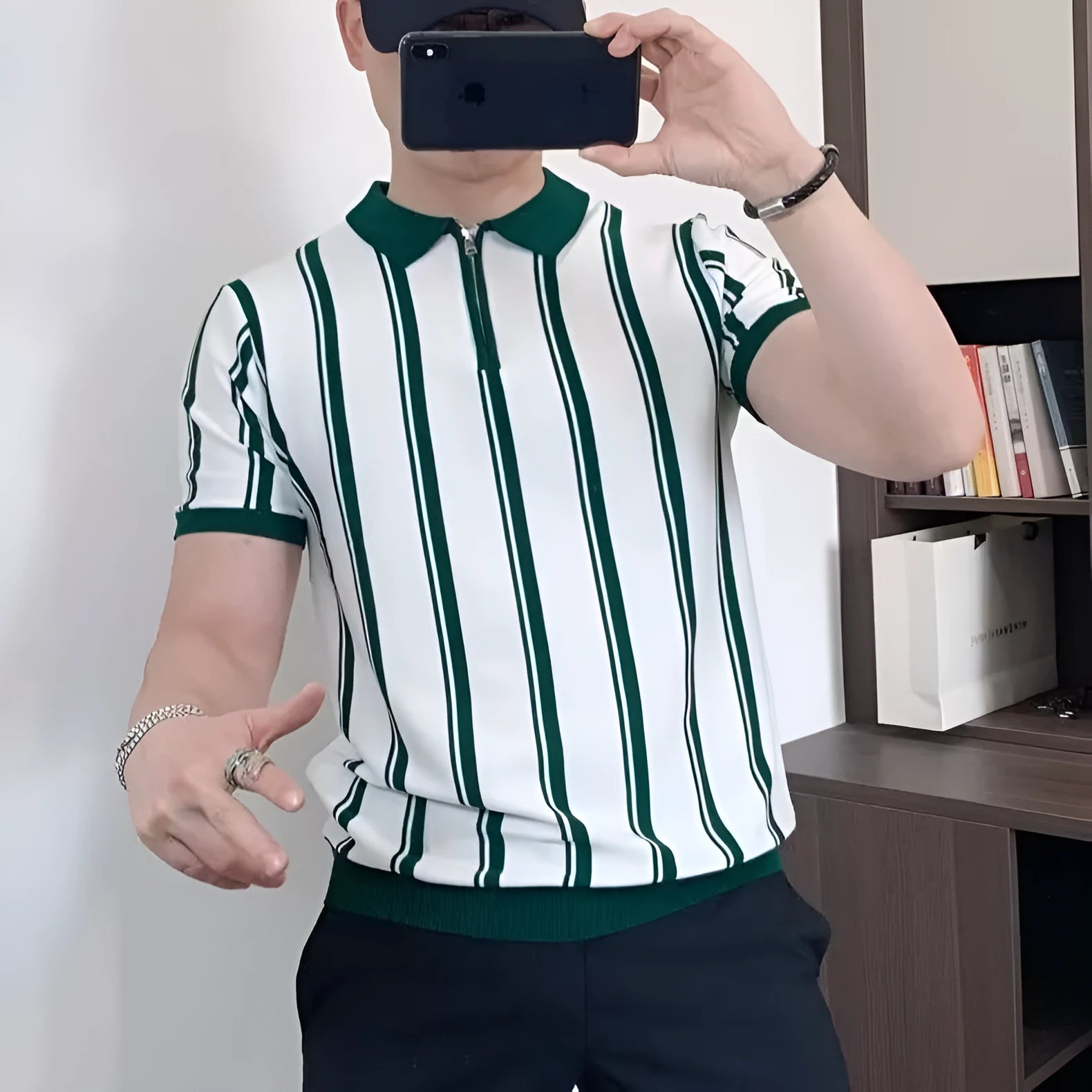 Men's black Korean style vintage stripe T-shirt with zipper half sleeves and cartoon pattern