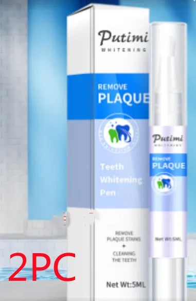White teeth whitening pen with applicator tip on blue background