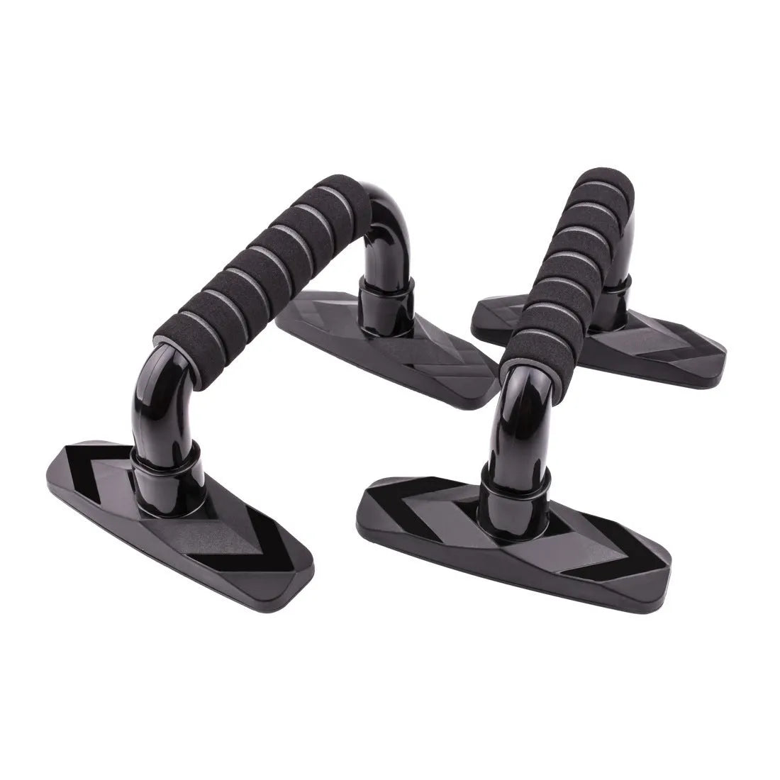 Pair of I-shaped push up bars with blue PP sponge handles on a floor.