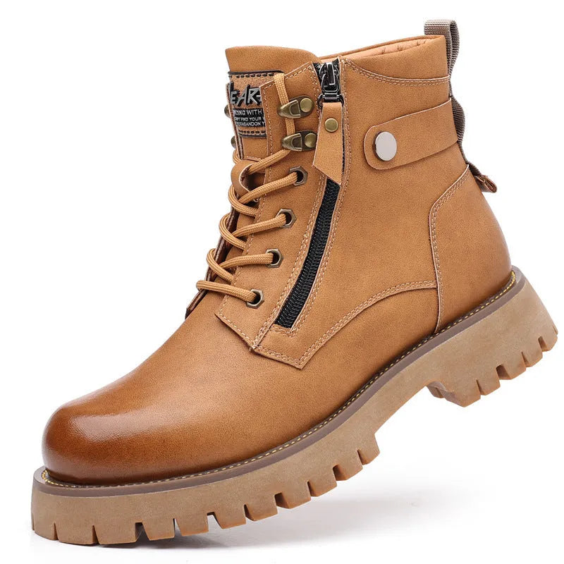 Men's brown high-top leather Martin boots with side zip and a mid-height heel.